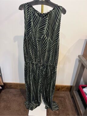 Chico's Olive Green and Black Leaf-Print Jumpsuit